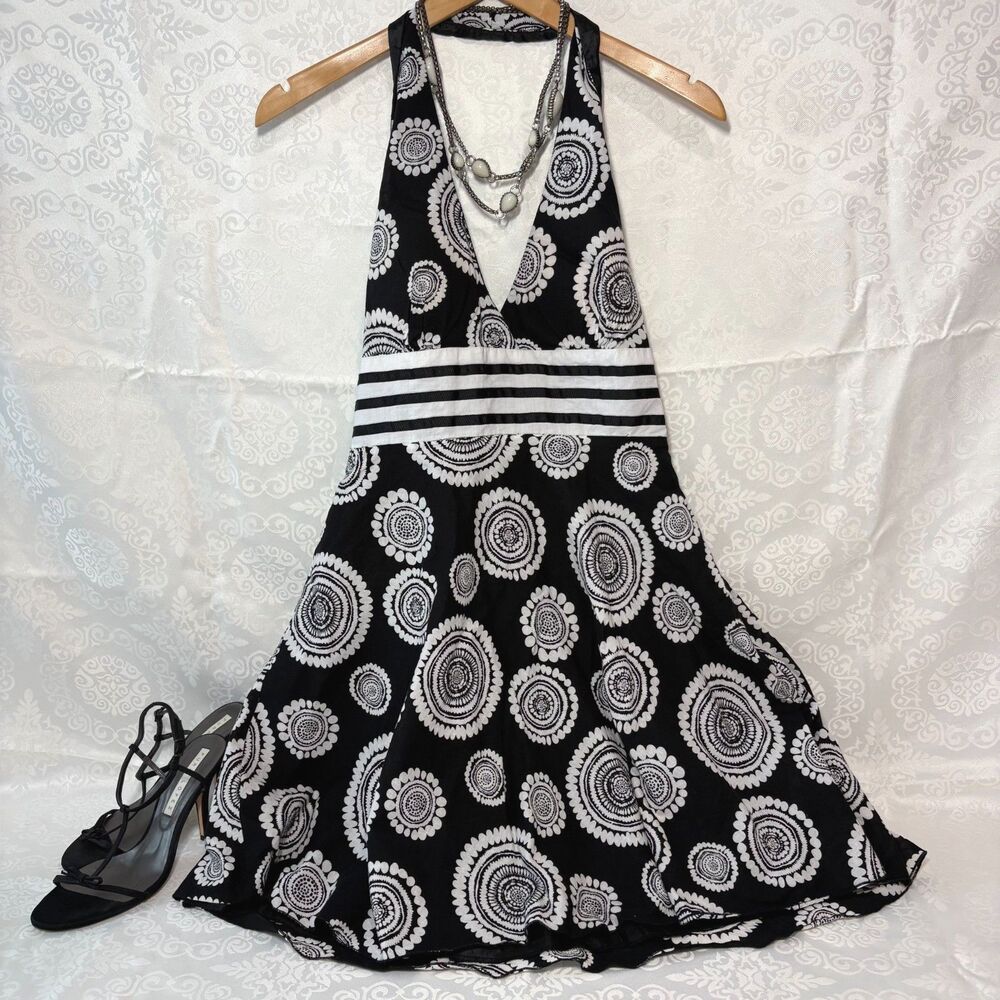 Halter Dress Cotton Y2K Apparel Black and White Mod Made in USA Retro Vtg Large